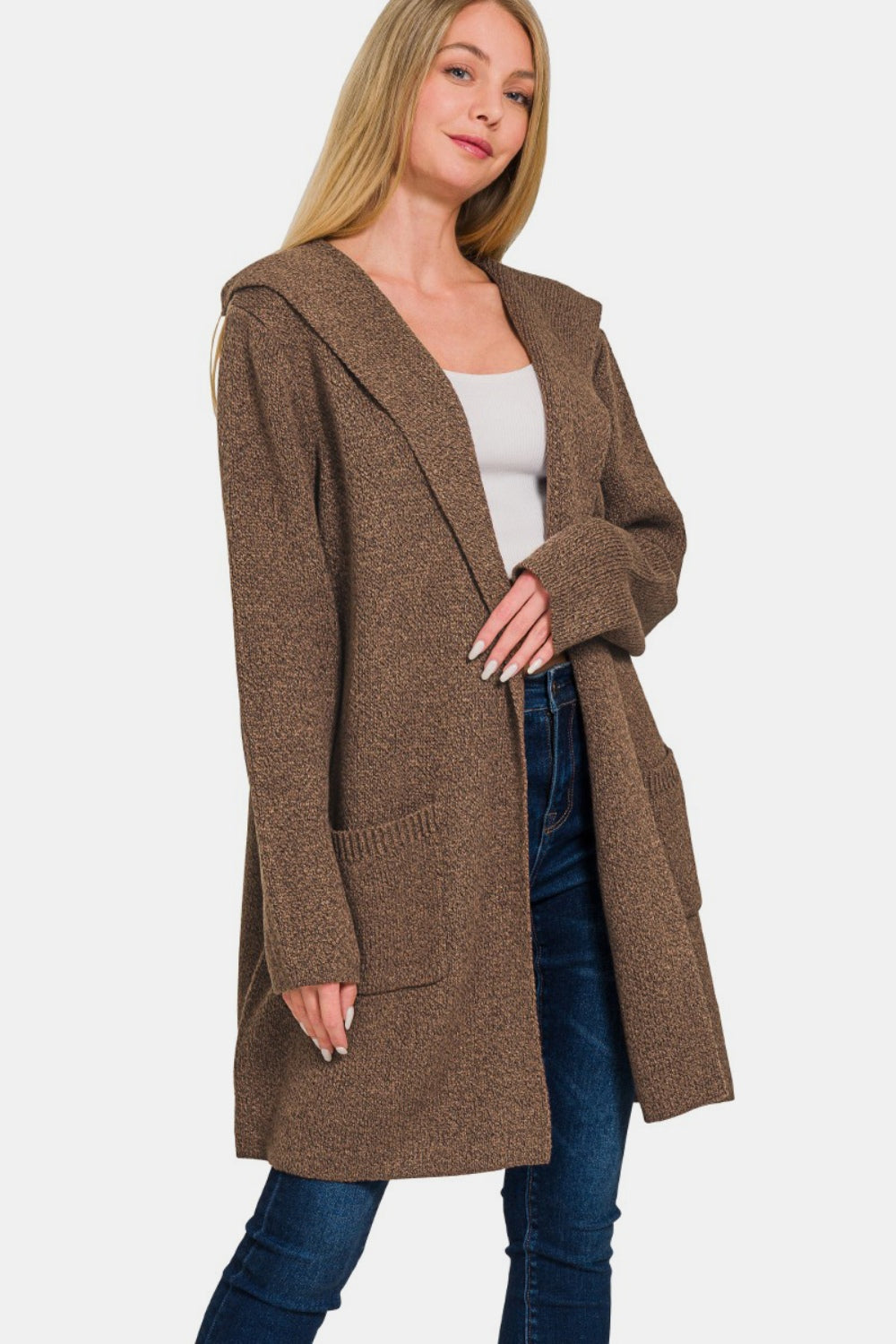 Zenana Hooded Open Front Sweater Cardigan Brown