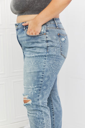 Judy Blue Mid Rise Destroyed Paisley Print Boyfriend Jeans