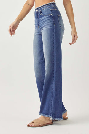 RISEN High Waist Fray Hem Non Distressed Wide Leg Jeans