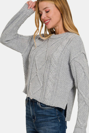 Zenana Cropped High Low Cable Sweater with Side Slits H Grey