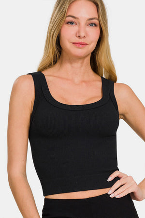 Zenana Ribbed Round Neck Cropped Tank Black