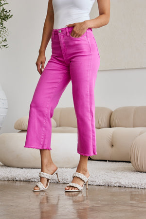 RFM Tummy Control High Waist Raw Hem Wide Leg Crop Jeans in Pink Rouge