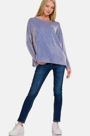 Zenana Ribbed Striped Long Sleeve T-Shirt Bright Blue