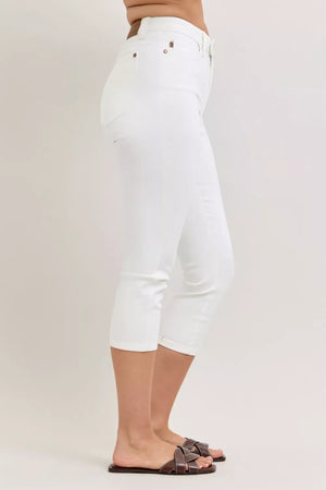 Judy Blue High Waist Tummy Control Spade Pockets White Denim Capri