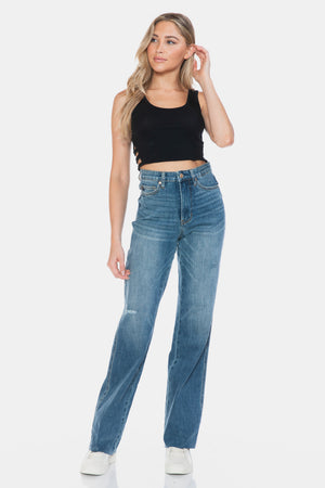 Judy Blue High Waist Tummy Control Cut Raw Hem Straight Leg Jeans (Tall 33" Inseam)