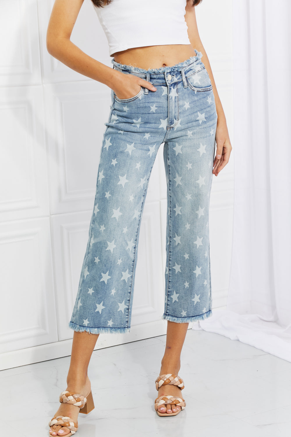 Judy Blue Star Print High Rise Crop Straight Leg Jeans