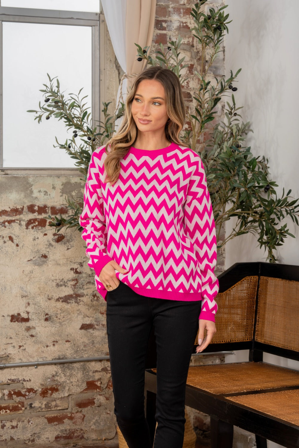 Wave Stripe Contrast Long Sleeve Sweater Fuchsia Ivory