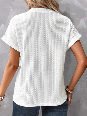 Cable Knit Textured Notched Short Sleeve White Blouse