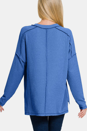 Zenana Texture Exposed Seam V-Neck Long Sleeve T-Shirt Classic Blue