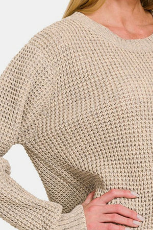 Zenana High Low Long Sleeve Waffle Knit Sweater Beige