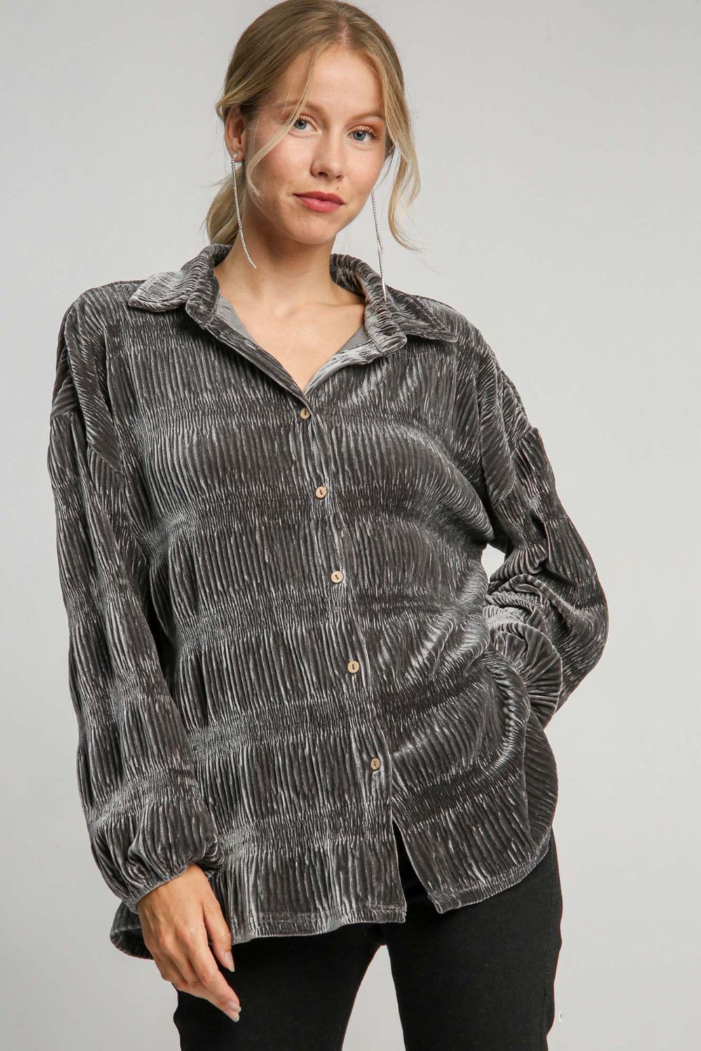 Ruched Tiered Button Up Velvet Shirt in Gunmetal