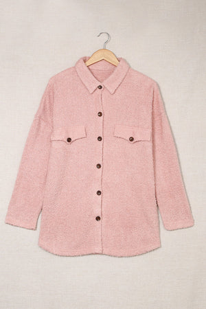 Plush Button Down Pocketed Shirt Shacket - Pink