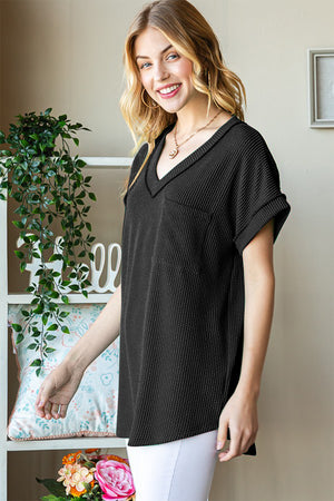 Front Pocket Exposed Seam Short Sleeve Ribbed Top - Black