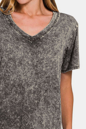 Zenana Washed Short Sleeve V-Neck T-Shirt Dark Gray