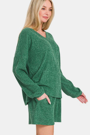 Zenana V-Neck Long Sleeve Ribbed Top and Shorts Set Dark Green