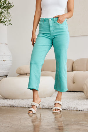 RFM Tummy Control High Waist Raw Hem Wide Leg Crop Jeans in Island Green