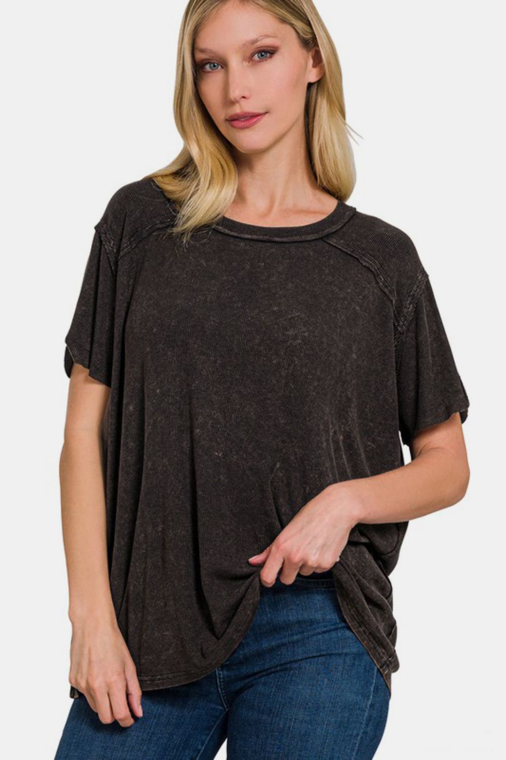 Zenana Washed Ribbed Short Sleeve Top Black