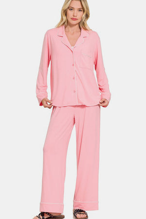 Zenana Button Down Long Sleeve Top and Pants Lounge Set Pink