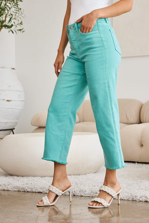 RFM Tummy Control High Waist Raw Hem Wide Leg Crop Jeans in Island Green