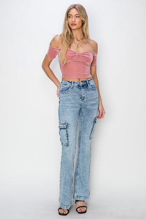 RISEN High Rise Cargo Flare Acid Wash Jeans