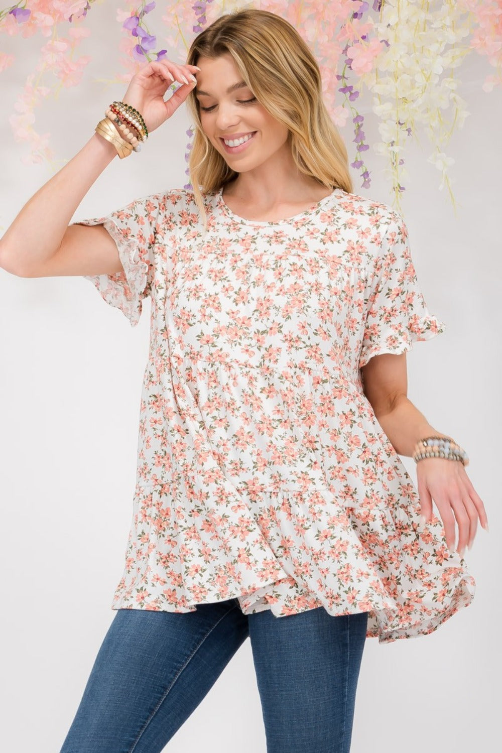 Ivory Floral Floral Ruffled Short Sleeve Blouse