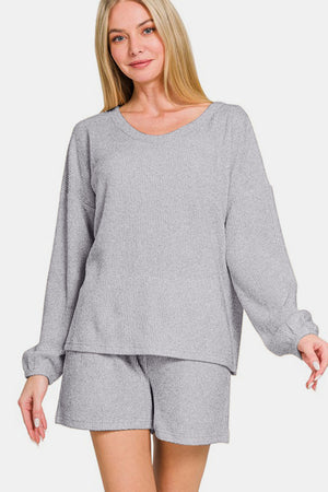 Zenana V-Neck Long Sleeve Ribbed Top and Shorts Set Gray