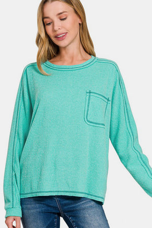 Zenana Contrast Stitching Brushed Ribbed Hacci Knit Top Turquoise