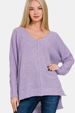 Zenana High-Low Center Seam V-Neck Sweater Lavender