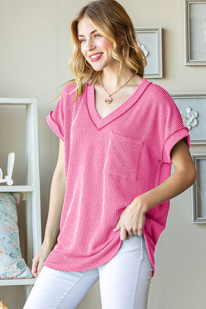 Front Pocket Short Sleeve Ribbed Top in Hot Pink