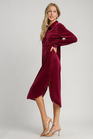 Texture Curved Hem Button Down Velvet Shirt Dress Burgundy