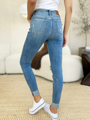Judy Blue Mid Rise Destressed & Cuffed Skinny Jeans