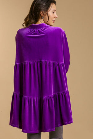 Button Down Tiered Back High Low Velvet Shirt Violet