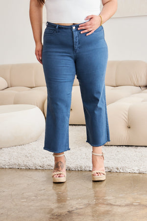 RFM Tummy Control High Waist Raw Hem Wide Leg Crop Jeans in Blue Slate