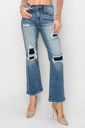 Risen High Rise Distressed Ankle Flare Jeans