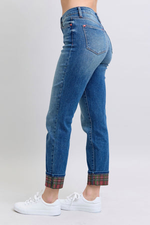 Judy Blue Mid Rise Plaid Print Cuff Boyfriend Jeans