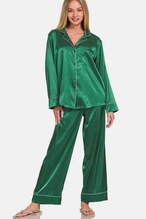 Zenana Satin Long Sleeve Shirt and Pants Pajama Set Hunter Green