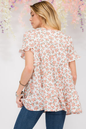 Ivory Floral Floral Ruffled Short Sleeve Blouse