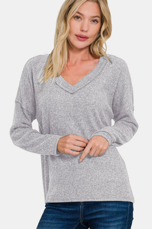 Zenana Ribbed V-Neck Drop Shoulder Top H Gray