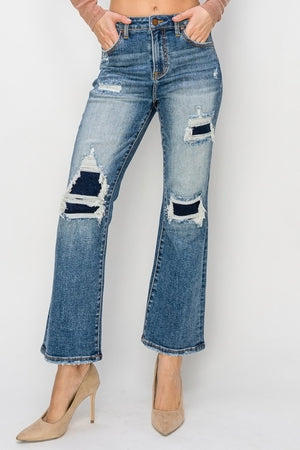 Risen High Rise Distressed Ankle Flare Jeans