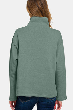 Zenana Turtleneck Half Snap Fleece Sweatshirt Ash Jade