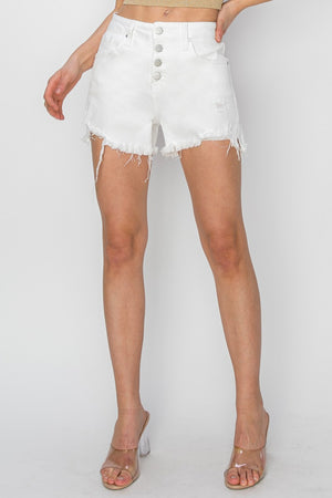 RISEN High Waist Button Fly Frayed Hem Denim Shorts White