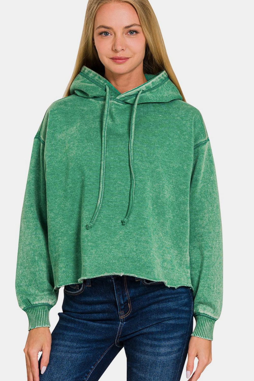 Zenana Acid Wash Fleece Cropped Hoodie Green