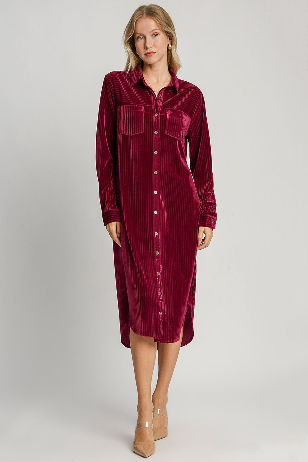 Texture Curved Hem Button Down Velvet Shirt Dress Burgundy