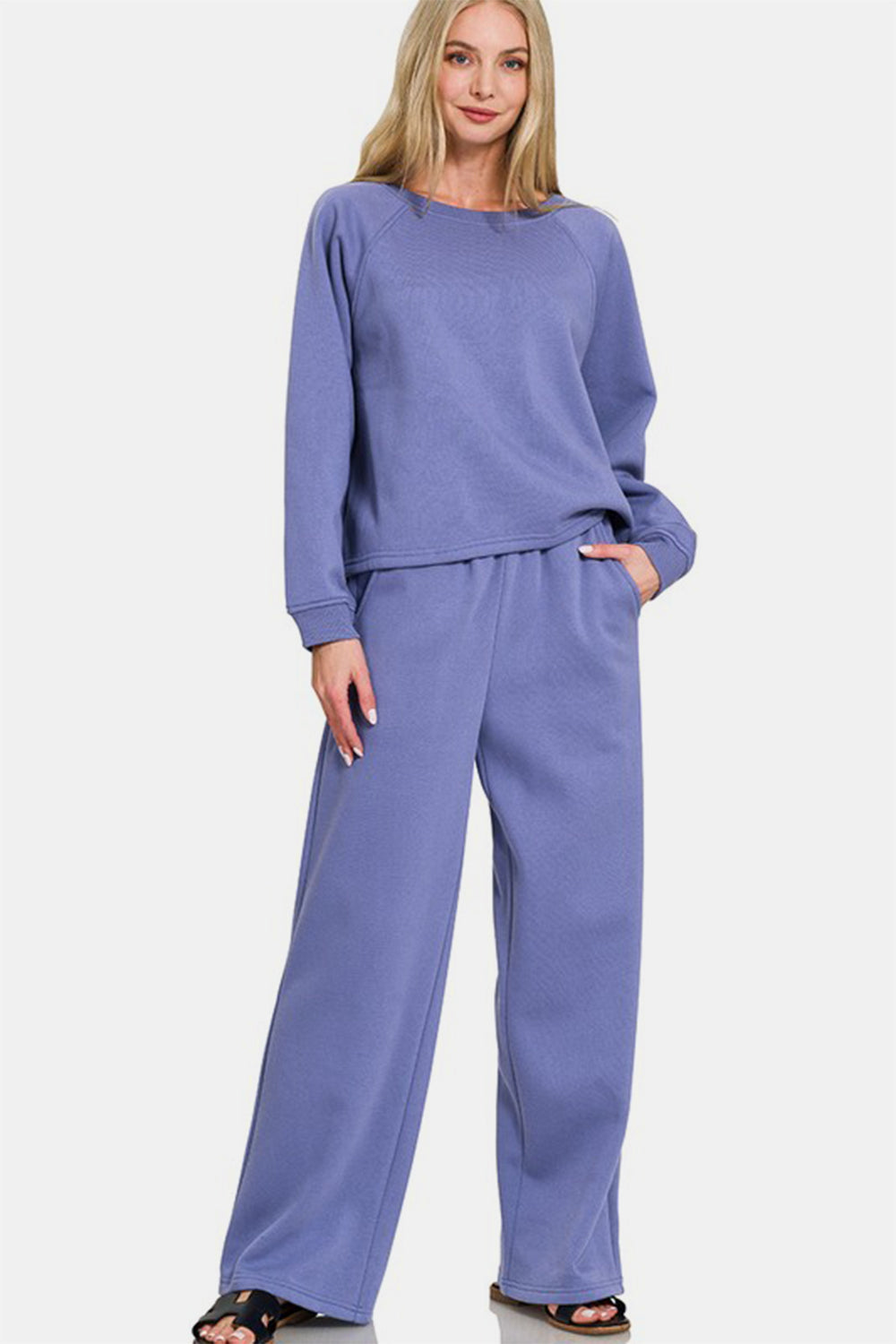 Zenana Round Neck Raglan Sleeve Top and Elastic Waist Pants Set Dusty Blue