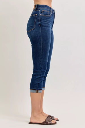 Judy Blue High Waist Dark Denim Capri with Cuff Jeans