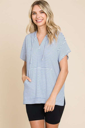 Blue Striped Short Sleeve Hooded Top