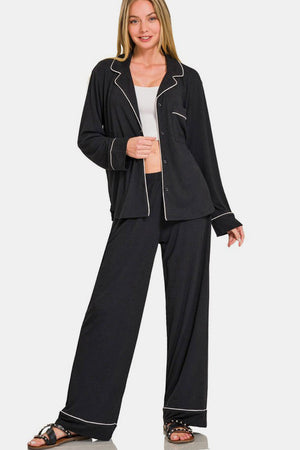 Zenana Button Down Long Sleeve Top and Pants Lounge Set Black