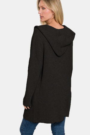 Zenana Hooded Open Front Sweater Cardigan Black