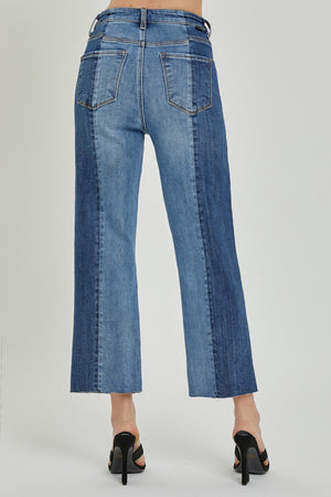 RISEN High Rise Two Tone Straight Leg Ankle Jeans