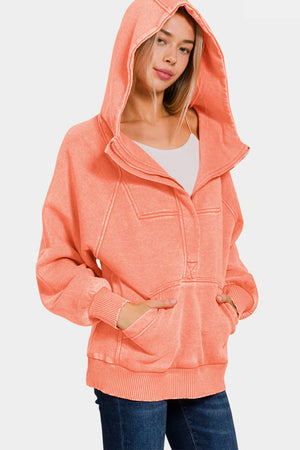 Zenana Acid Wash Fleece Kangaroo Hoodie Coral